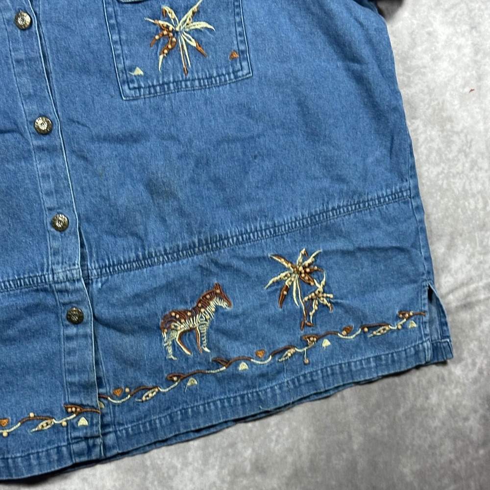 Jane Ashley 1X Blue Denim Safari Zebra Palm Tree Embroidered Cottagecore Top - Picture 5 of 11